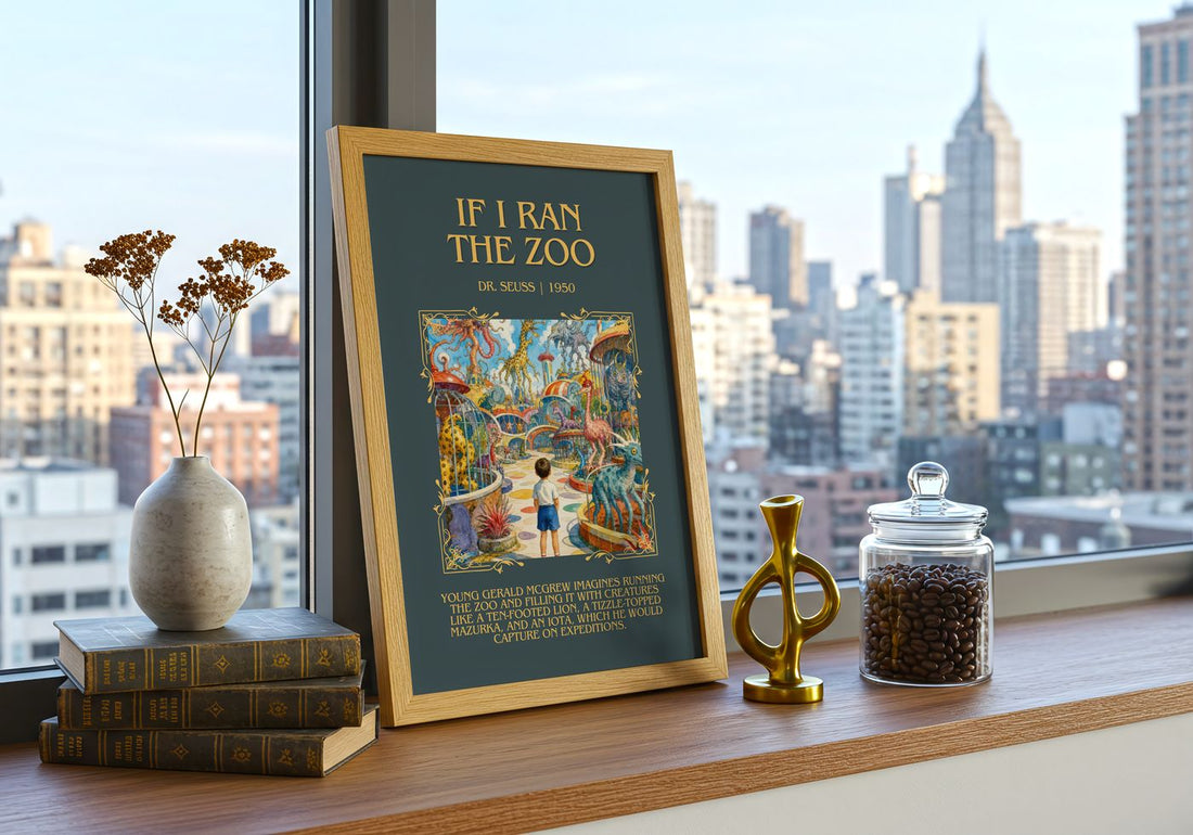 If I Ran The Zoo Minimalist Book Poster by Dr. Seuss – framed print on a city-view windowsill