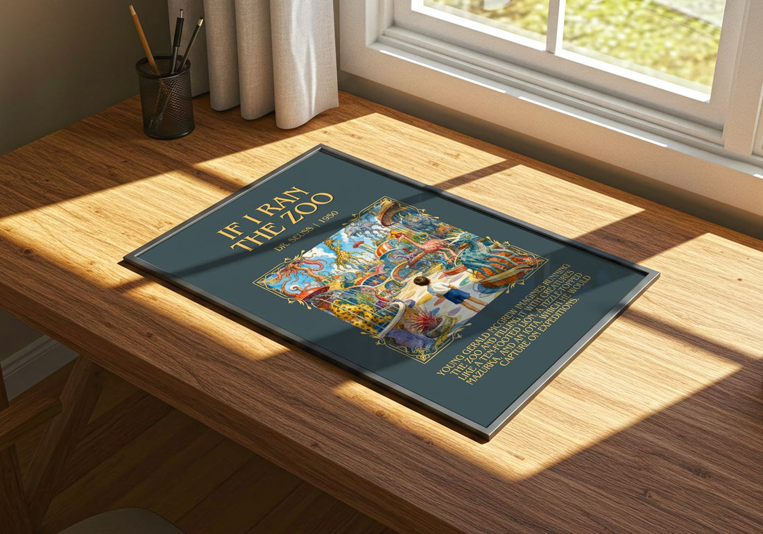 If I Ran The Zoo Minimalist Book Poster by Dr. Seuss – print on a sunlit desk