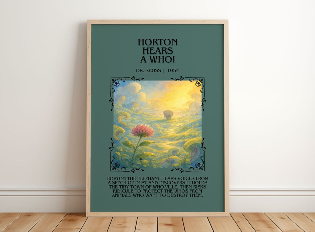 Horton Hears A Who! Minimalist Book Poster by Dr. Seuss – framed print leaning on a wooden floor