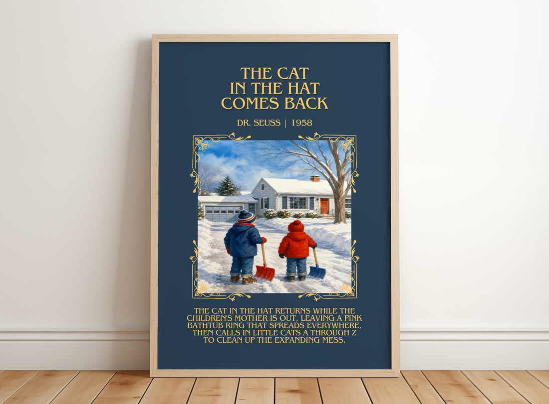 The Cat In The Hat Comes Back Minimalist Book Poster by Dr. Seuss – framed print leaning on a wooden floor
