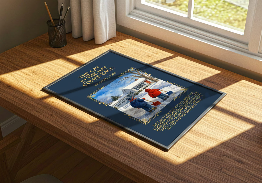 The Cat In The Hat Comes Back Minimalist Book Poster by Dr. Seuss – print on a sunlit desk