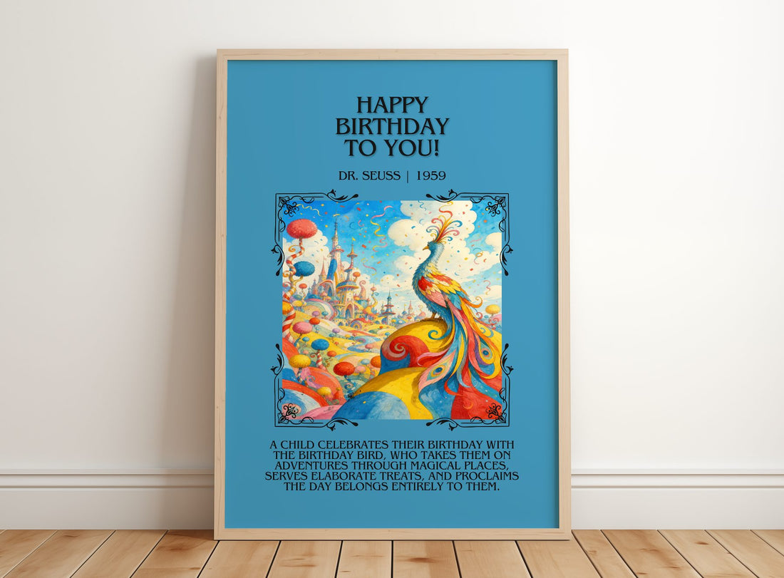 Happy Birthday To You! Minimalist Book Poster by Dr. Seuss – framed print leaning on a wooden floor