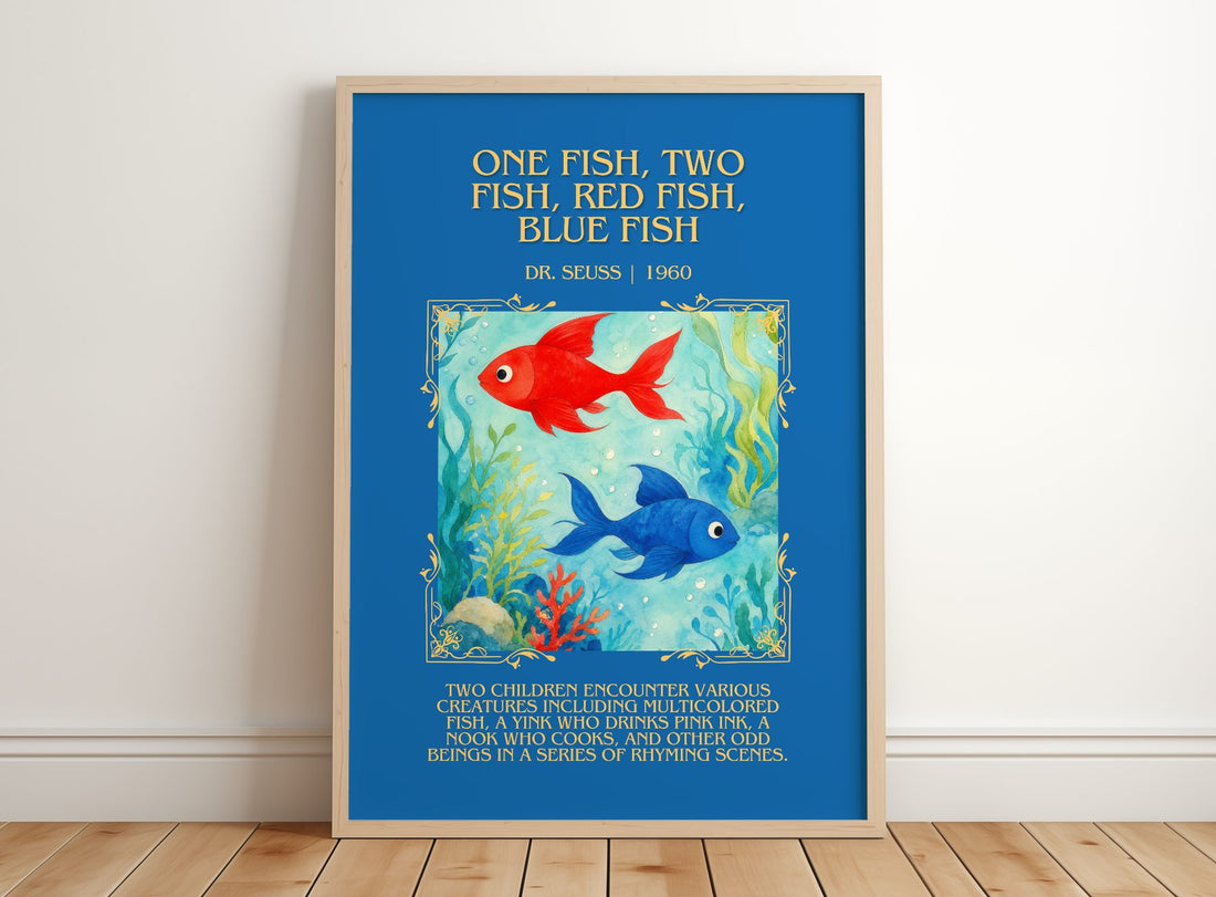 One Fish, Two Fish, Red Fish, Blue Fish Minimalist Book Poster – framed print leaning on a wooden floor