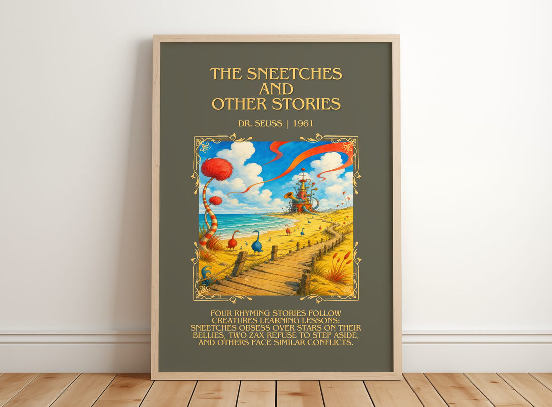 The Sneetches And Other Stories Minimalist Book Poster by Dr. Seuss – framed print leaning on a wooden floor