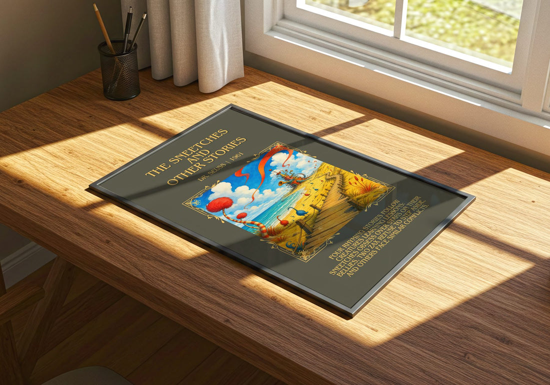 The Sneetches And Other Stories Minimalist Book Poster by Dr. Seuss – print on a sunlit desk