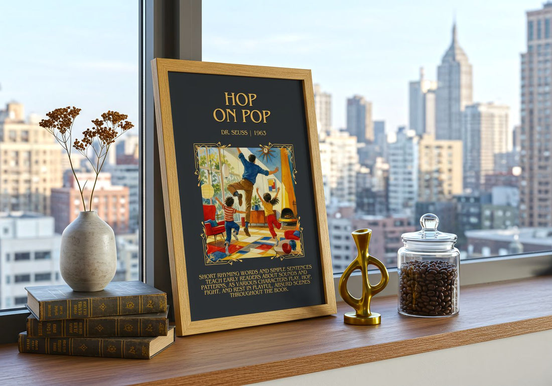 Hop On Pop Minimalist Book Poster by Dr. Seuss – framed print on a city-view windowsill