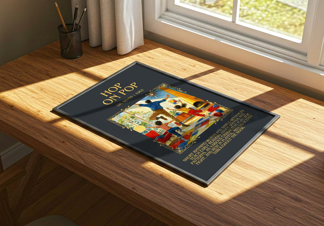 Hop On Pop Minimalist Book Poster by Dr. Seuss – print on a sunlit desk