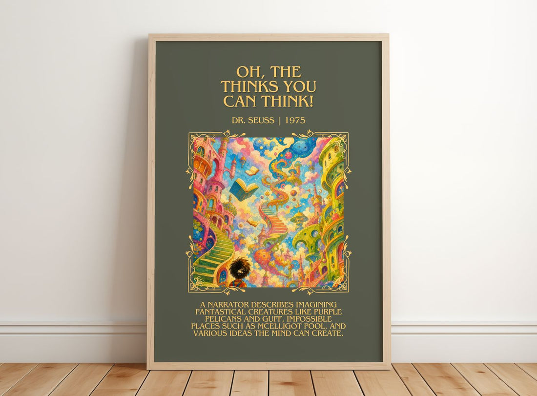 Oh, The Thinks You Can Think! Minimalist Book Poster by Dr. Seuss – framed print leaning on a wooden floor