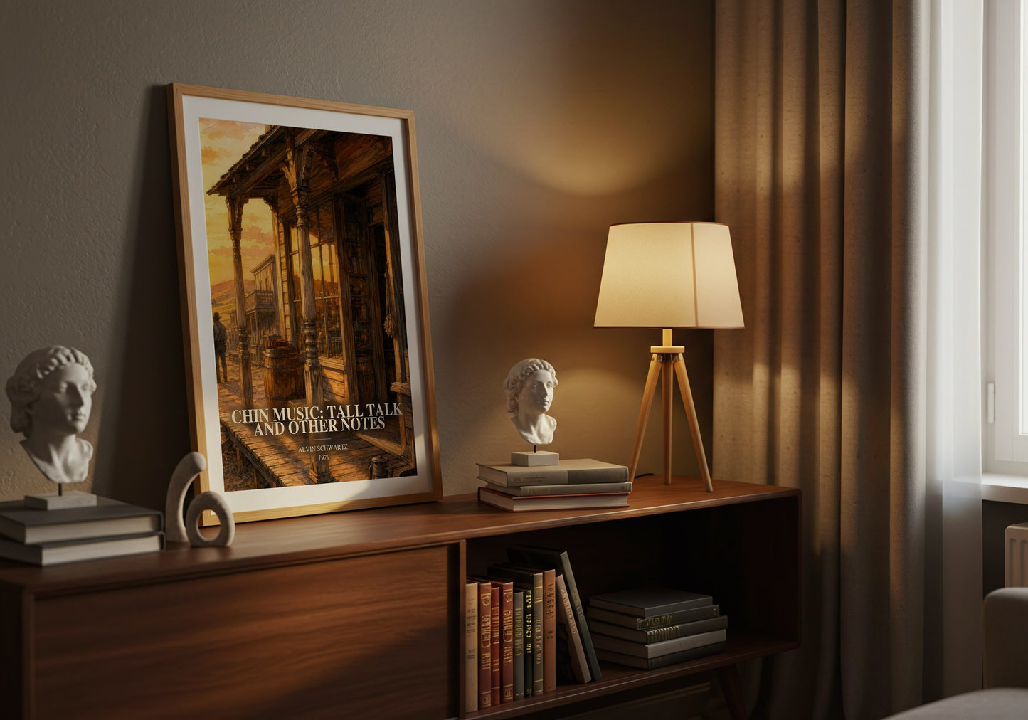 Chin Music: Tall Talk And Other Notes watercolour print on bookshelf – Alvin Schwartz fan gift