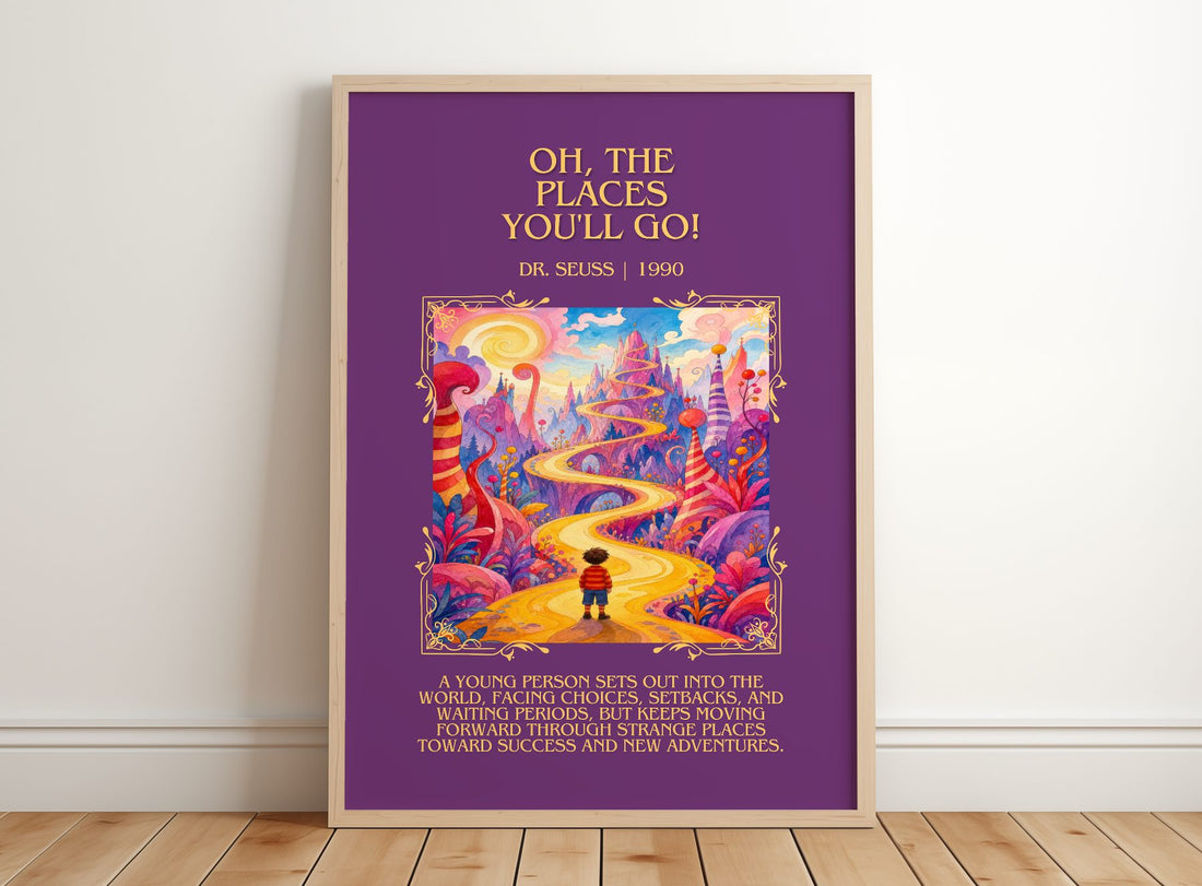 Oh, The Places You'Ll Go! Minimalist Book Poster by Dr. Seuss – framed print leaning on a wooden floor