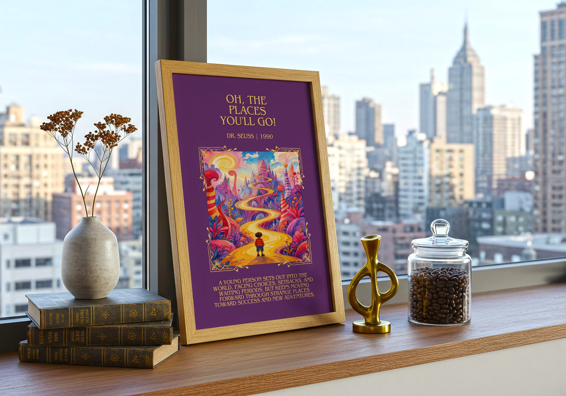 Oh, The Places You'Ll Go! Minimalist Book Poster by Dr. Seuss – framed print on a city-view windowsill