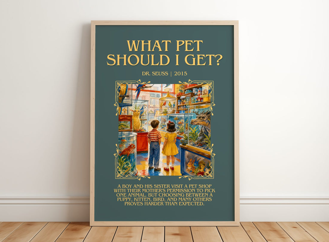 What Pet Should I Get? Minimalist Book Poster by Dr. Seuss – framed print leaning on a wooden floor