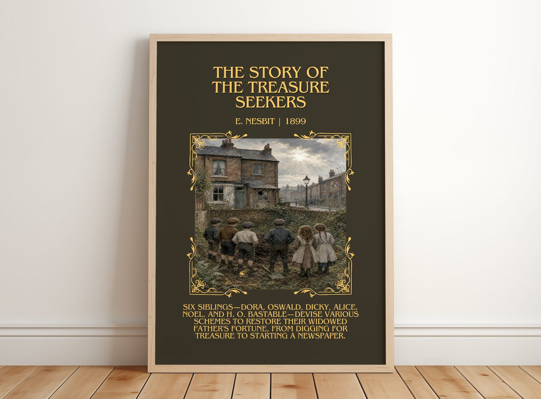 The Story Of The Treasure Seekers Minimalist Book Poster by E. Nesbit – framed print leaning on a wooden floor