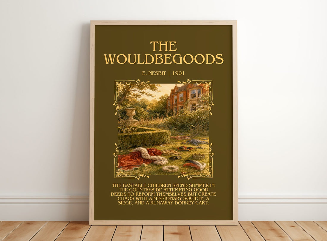 The Wouldbegoods Minimalist Book Poster by E. Nesbit – framed print leaning on a wooden floor