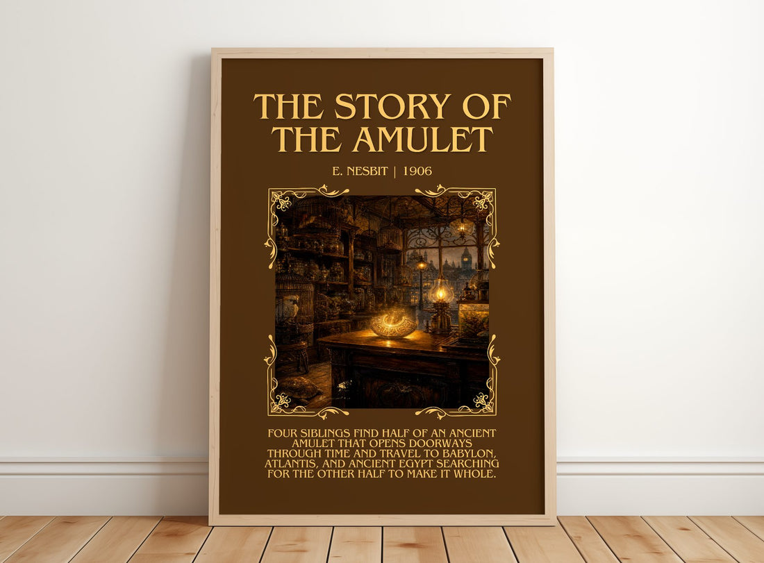 The Story Of The Amulet Minimalist Book Poster by E. Nesbit – framed print leaning on a wooden floor