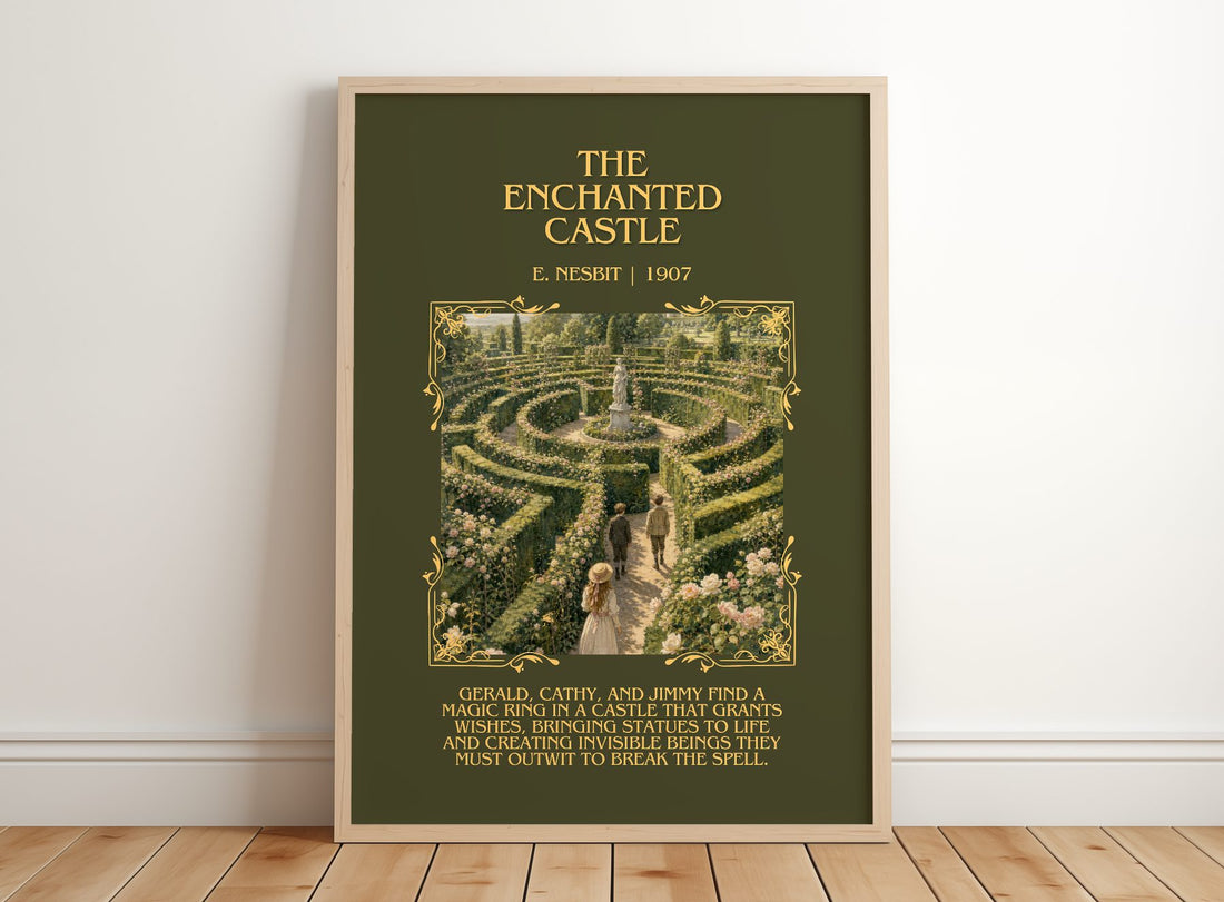 The Enchanted Castle Minimalist Book Poster by E. Nesbit – framed print leaning on a wooden floor
