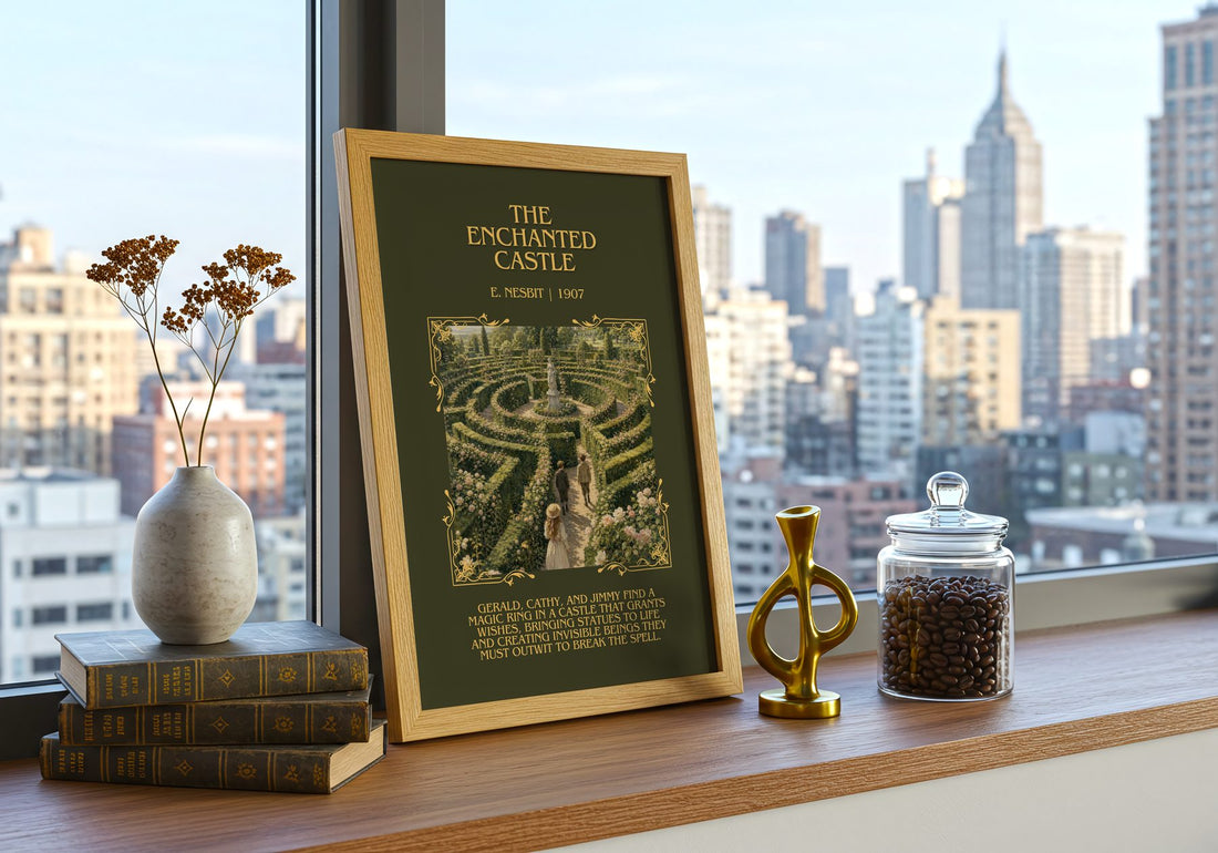 The Enchanted Castle Minimalist Book Poster by E. Nesbit – framed print on a city-view windowsill