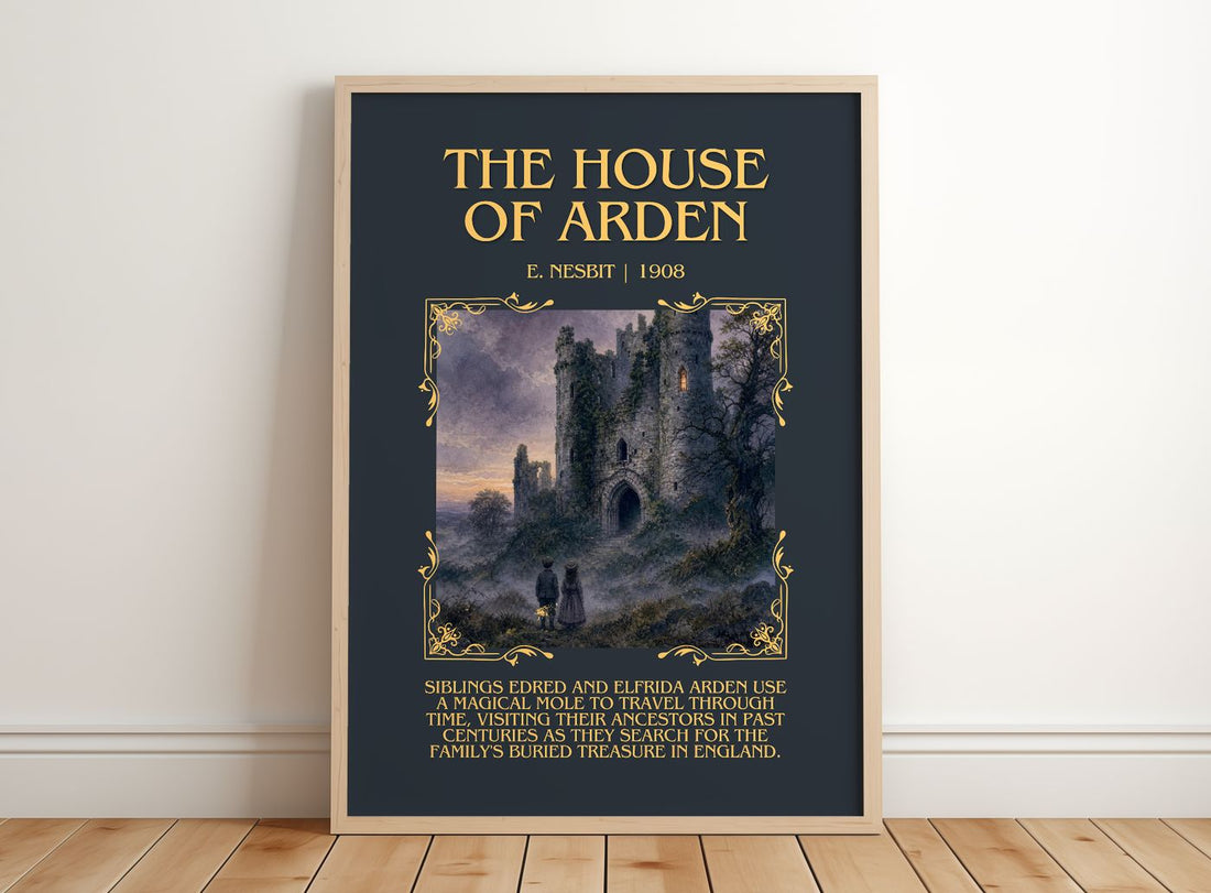 The House Of Arden Minimalist Book Poster by E. Nesbit – framed print leaning on a wooden floor