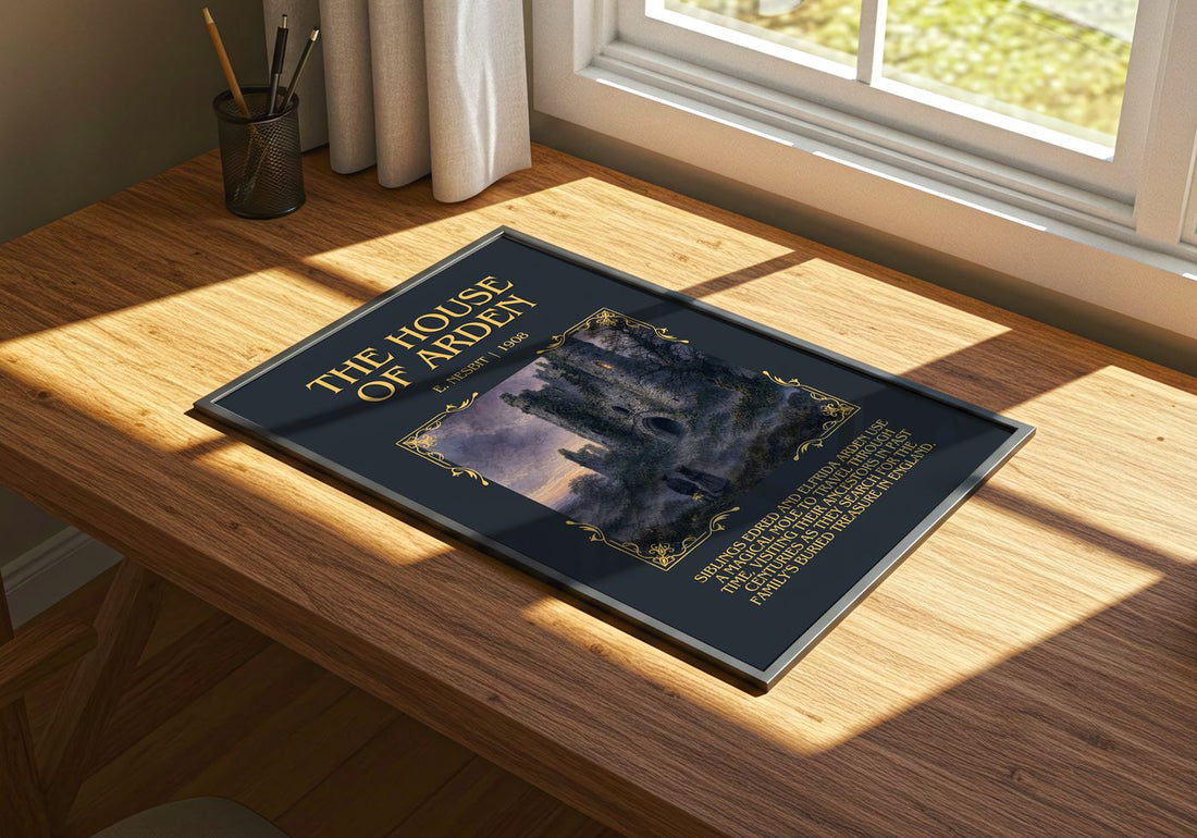 The House Of Arden Minimalist Book Poster by E. Nesbit – print on a sunlit desk