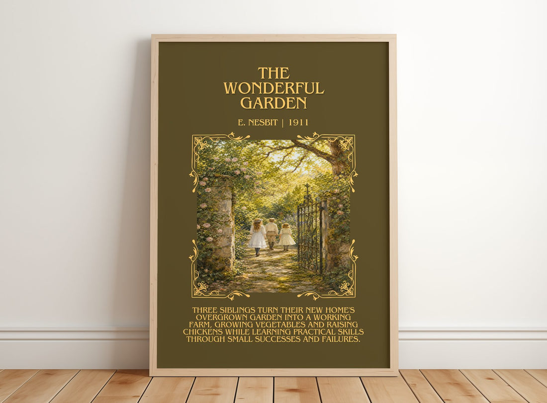 The Wonderful Garden Minimalist Book Poster by E. Nesbit – framed print leaning on a wooden floor