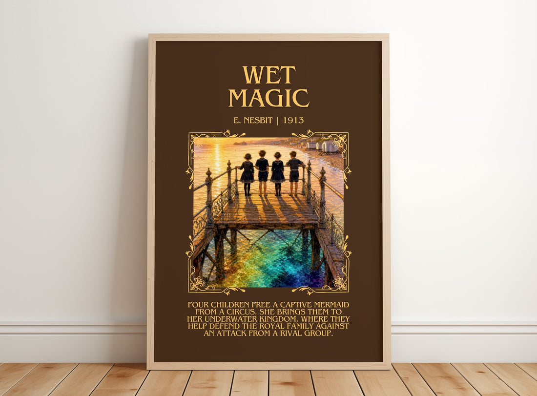 Wet Magic Minimalist Book Poster by E. Nesbit – framed print leaning on a wooden floor