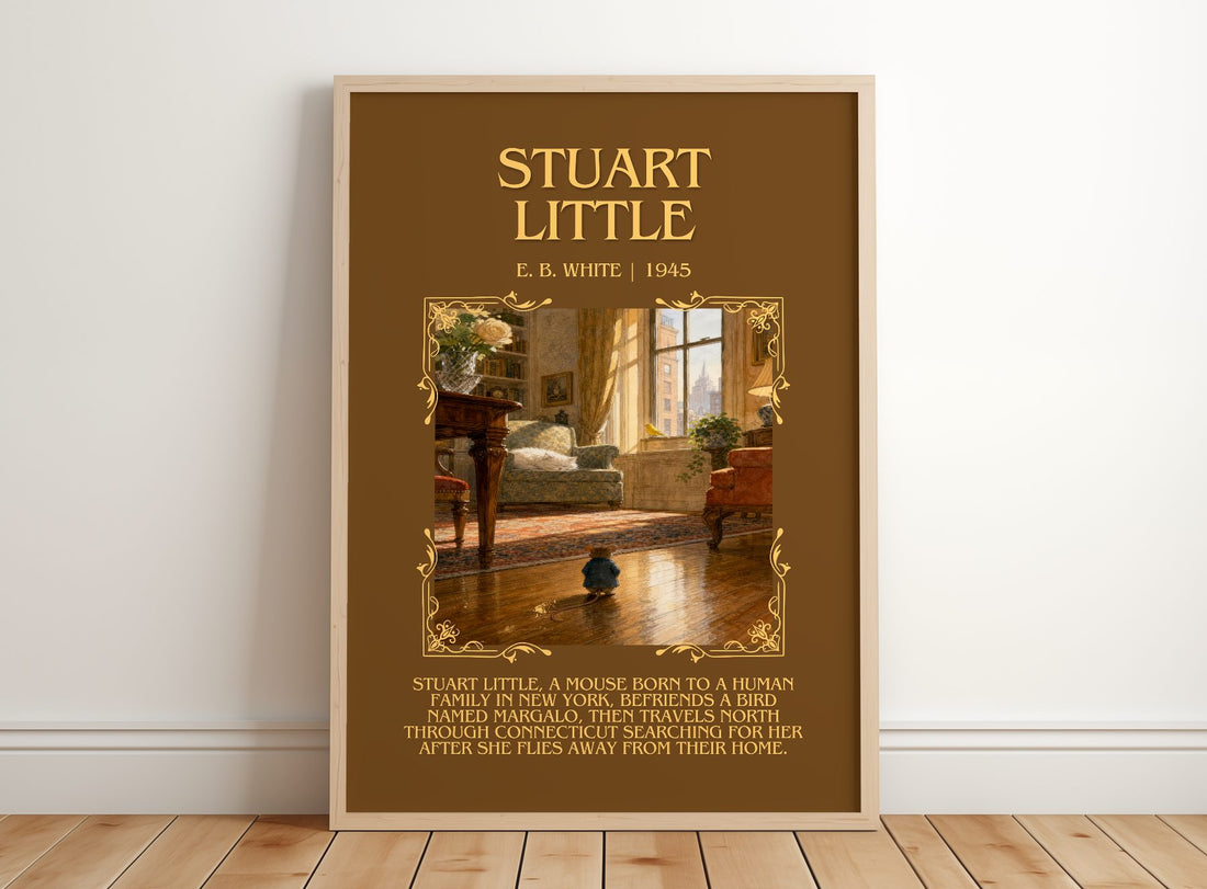 Stuart Little Minimalist Book Poster by E. B. White – framed print leaning on a wooden floor