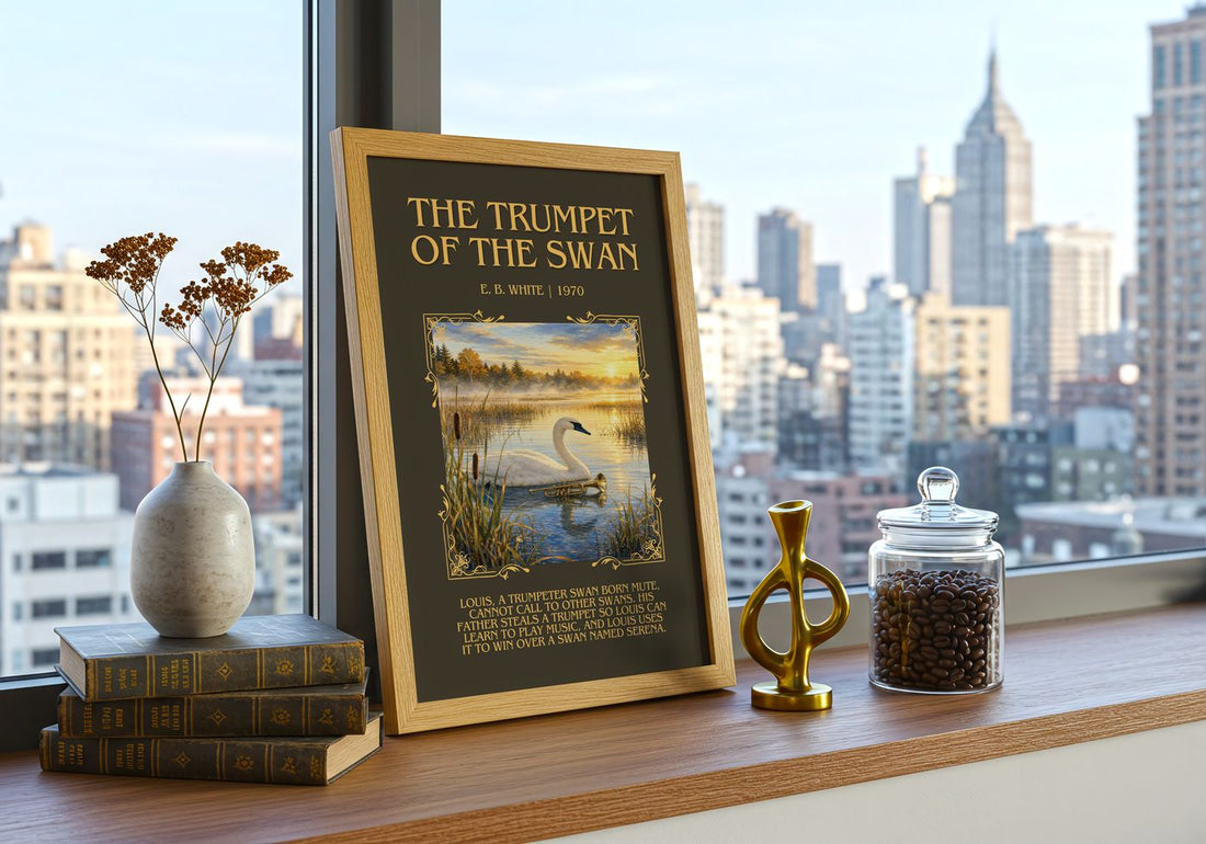 The Trumpet Of The Swan Minimalist Book Poster by E. B. White – framed print on a city-view windowsill