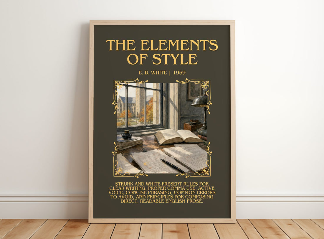 The Elements Of Style Minimalist Book Poster by E. B. White – framed print leaning on a wooden floor
