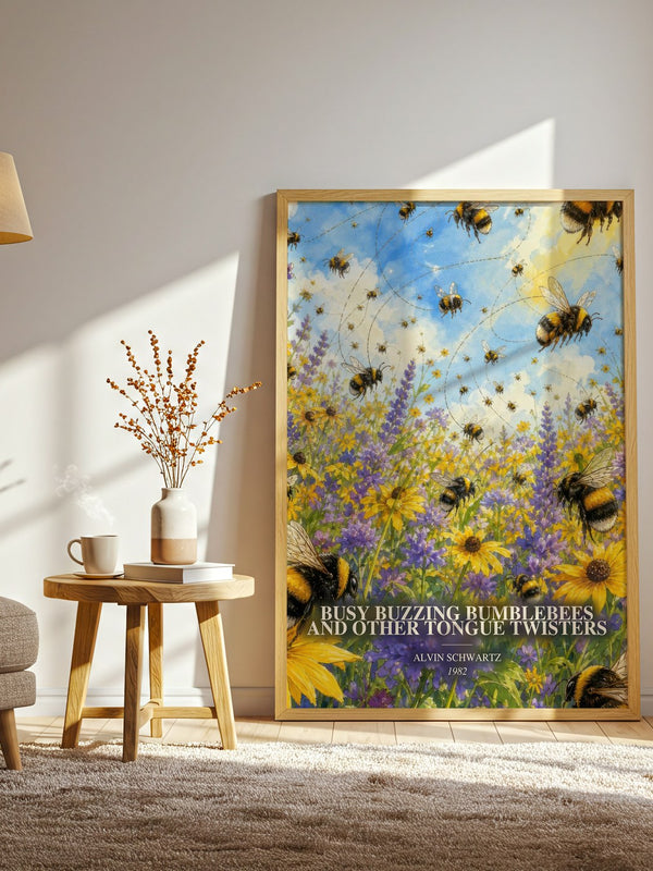 Busy Buzzing Bumblebees And Other Tongue Twisters watercolour print in frame leaning in hallway – childrens wall art