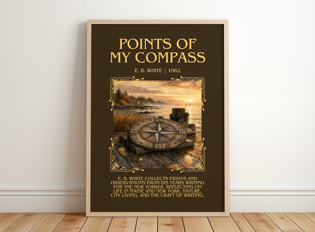 Points Of My Compass Minimalist Book Poster by E. B. White – framed print leaning on a wooden floor