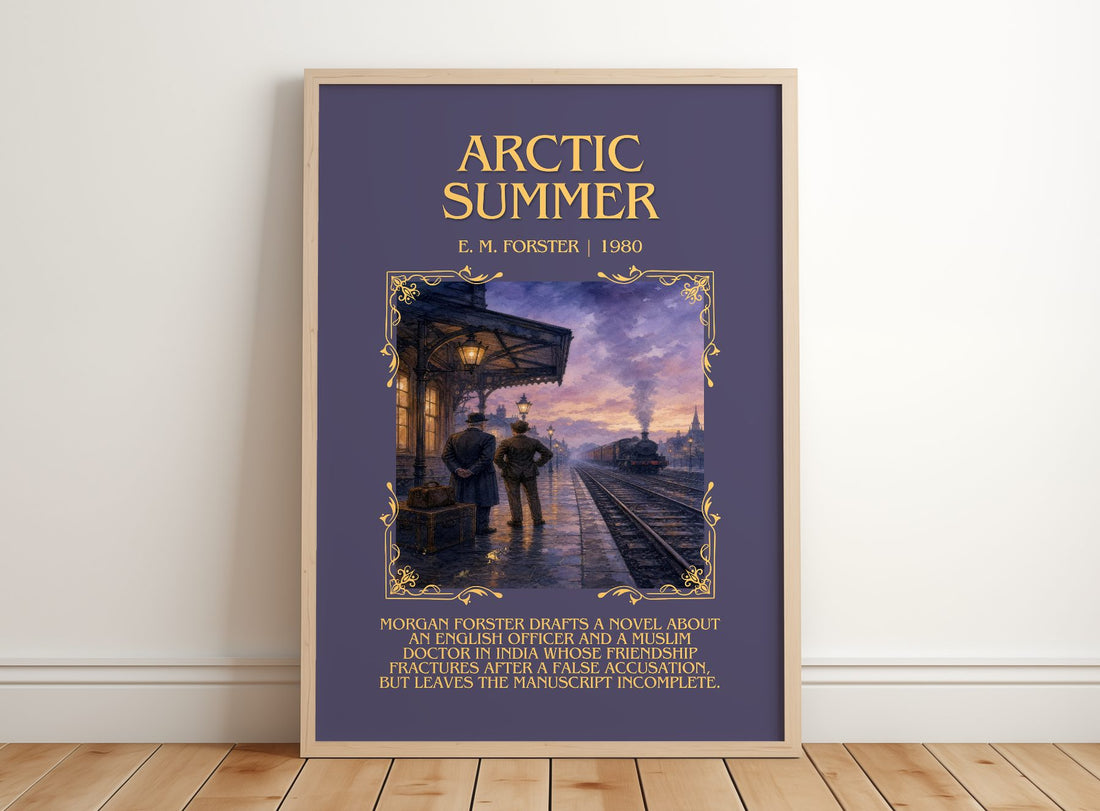 Arctic Summer Minimalist Book Poster by E. M. Forster – framed print leaning on a wooden floor
