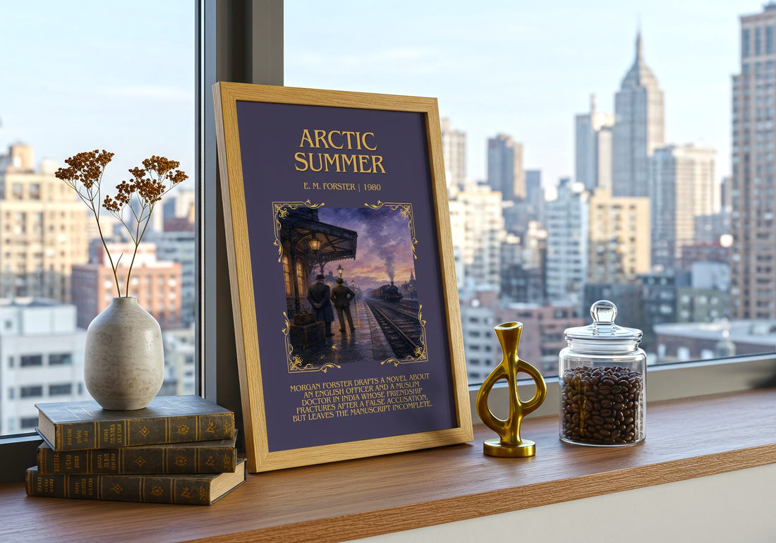 Arctic Summer Minimalist Book Poster by E. M. Forster – framed print on a city-view windowsill