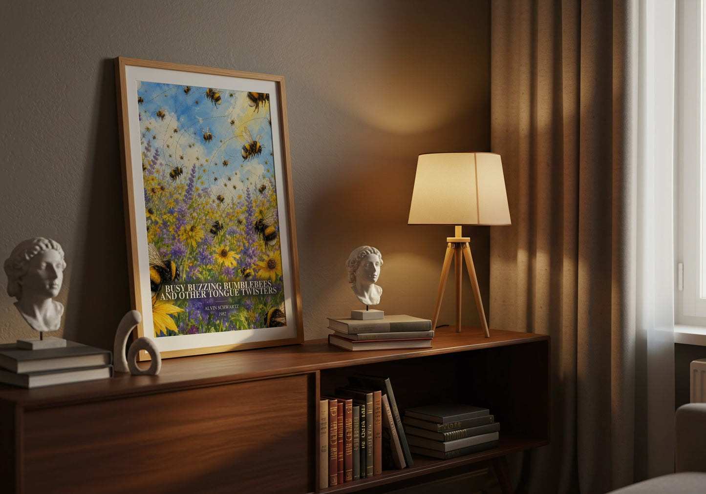 Busy Buzzing Bumblebees And Other Tongue Twisters watercolour print on bookshelf – Alvin Schwartz fan gift