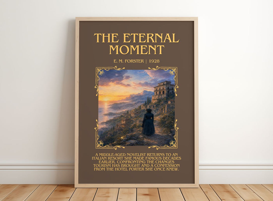 The Eternal Moment Minimalist Book Poster by E. M. Forster – framed print leaning on a wooden floor