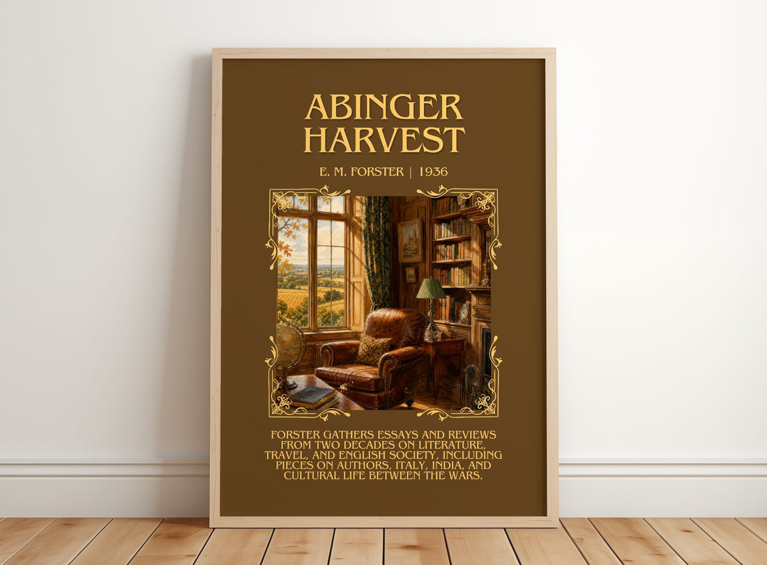 Abinger Harvest Minimalist Book Poster by E. M. Forster – framed print leaning on a wooden floor