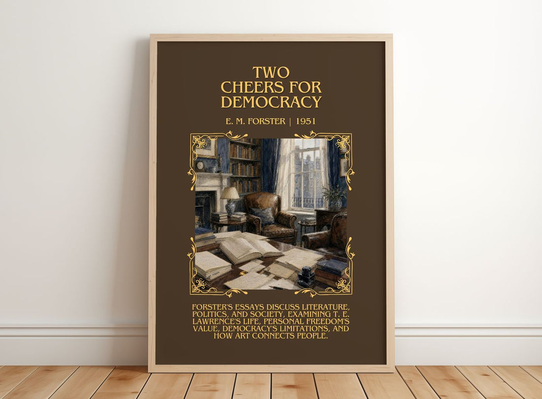Two Cheers For Democracy Minimalist Book Poster by E. M. Forster – framed print leaning on a wooden floor