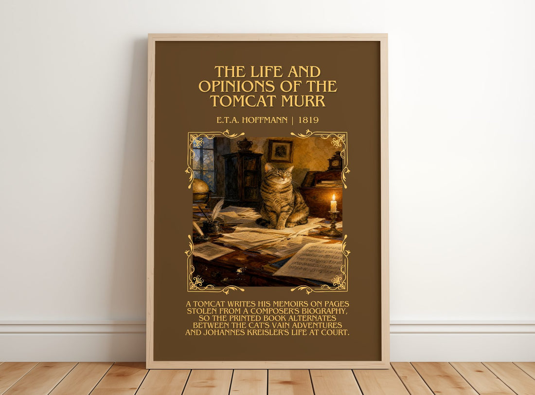 Life And Opinions Of The Tomcat Murr Minimalist Book Poster – framed print leaning on a wooden floor
