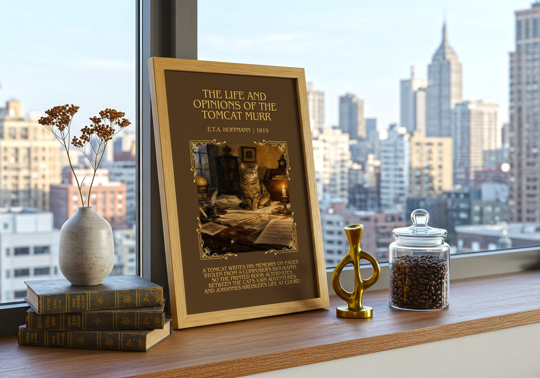 Life And Opinions Of The Tomcat Murr Minimalist Book Poster – framed print on a city-view windowsill