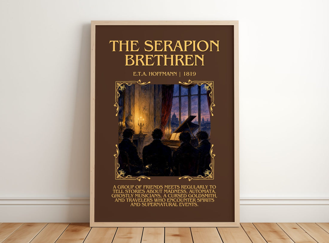 The Serapion Brethren Minimalist Book Poster by E.T.A. Hoffmann – framed print leaning on a wooden floor
