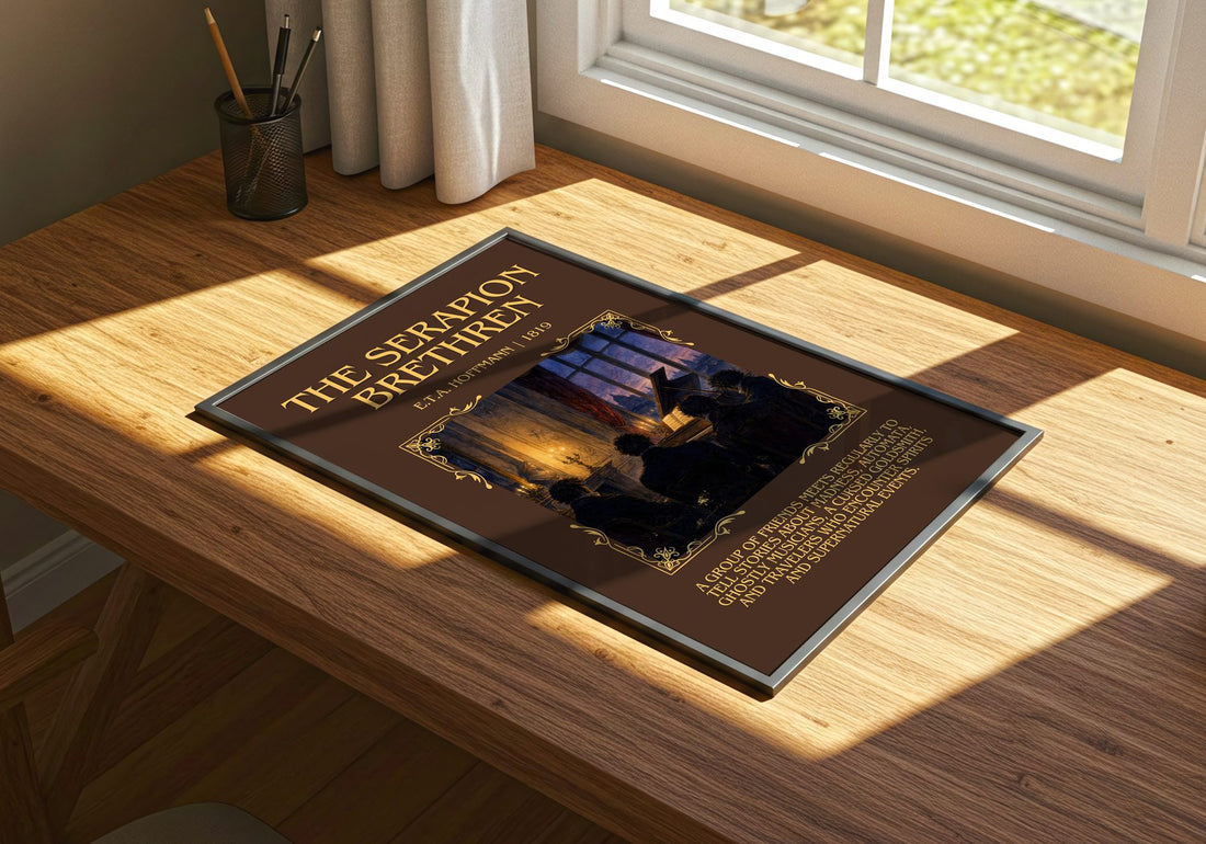 The Serapion Brethren Minimalist Book Poster by E.T.A. Hoffmann – print on a sunlit desk