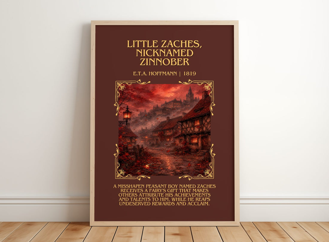 Little Zaches, Nicknamed Zinnober Minimalist Book Poster – framed print leaning on a wooden floor