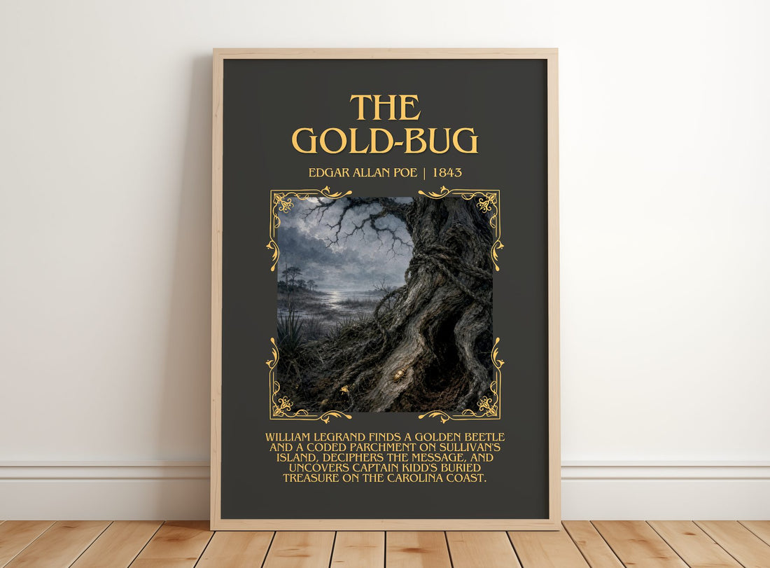 The Gold-Bug Minimalist Book Poster by Edgar Allan Poe – framed print leaning on a wooden floor