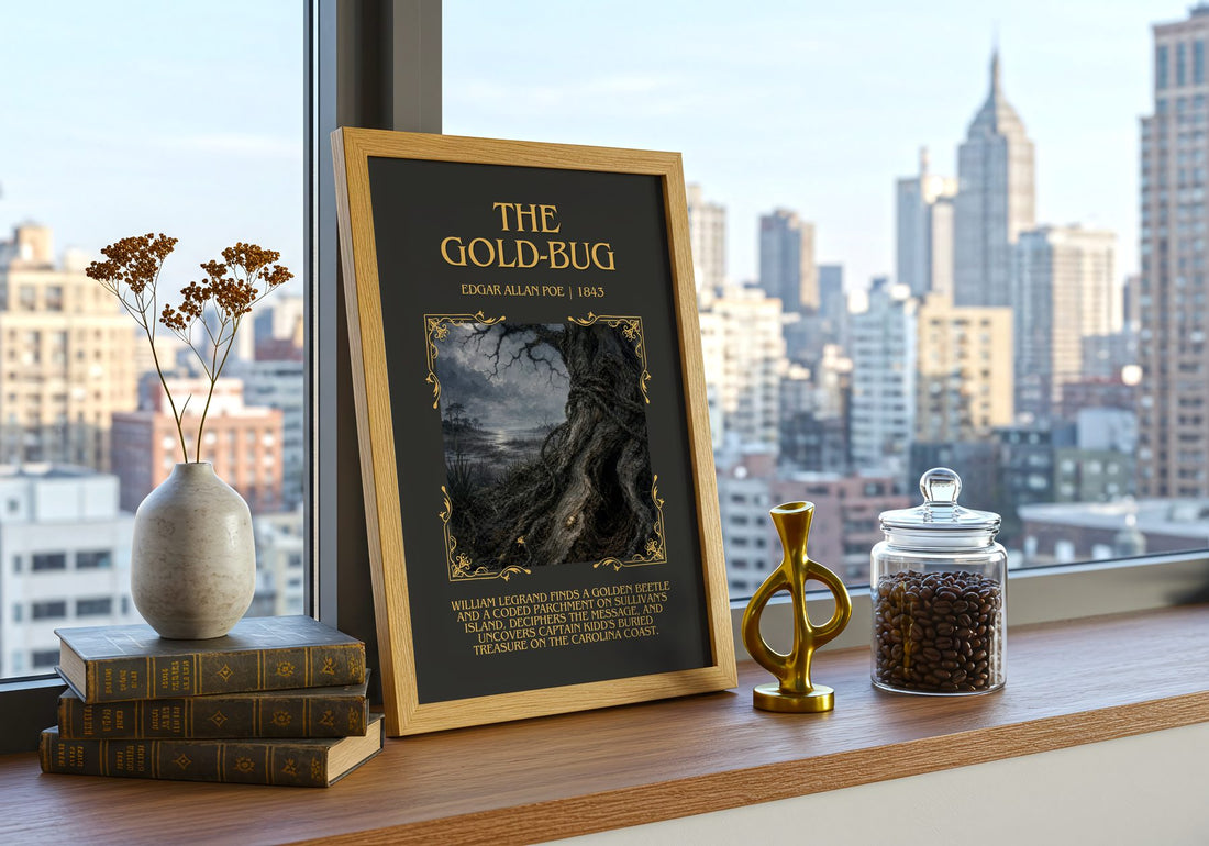 The Gold-Bug Minimalist Book Poster by Edgar Allan Poe – framed print on a city-view windowsill