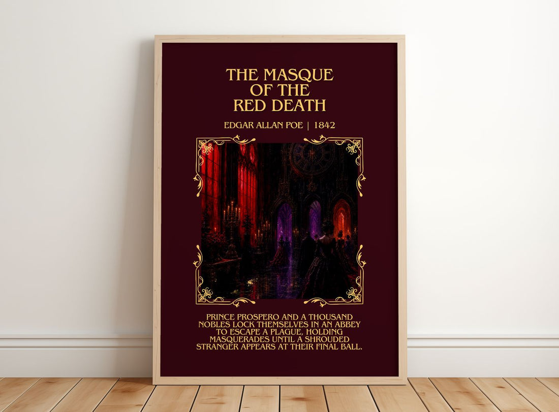 The Masque Of The Red Death Minimalist Book Poster by Edgar Allan Poe – framed print leaning on a wooden floor