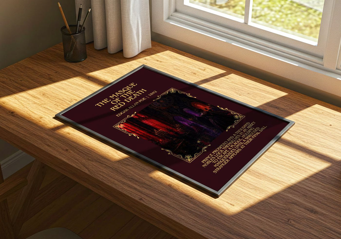 The Masque Of The Red Death Minimalist Book Poster by Edgar Allan Poe – print on a sunlit desk