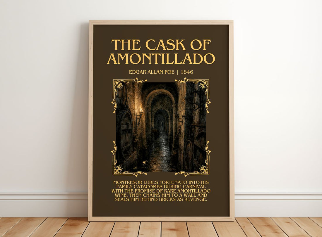 The Cask Of Amontillado Minimalist Book Poster by Edgar Allan Poe – framed print leaning on a wooden floor