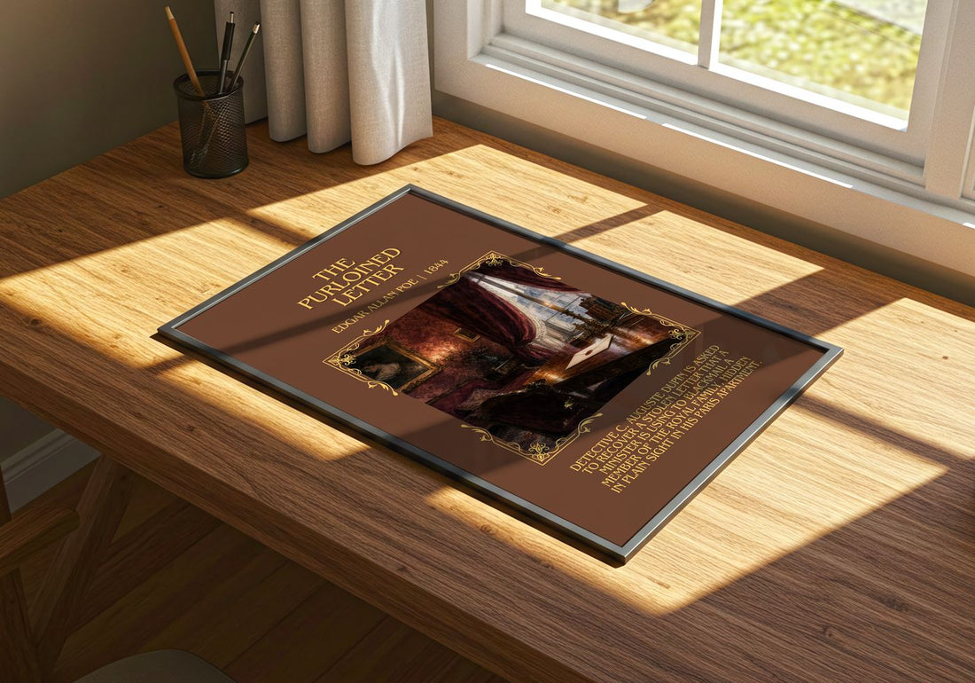 The Purloined Letter Minimalist Book Poster by Edgar Allan Poe – print on a sunlit desk