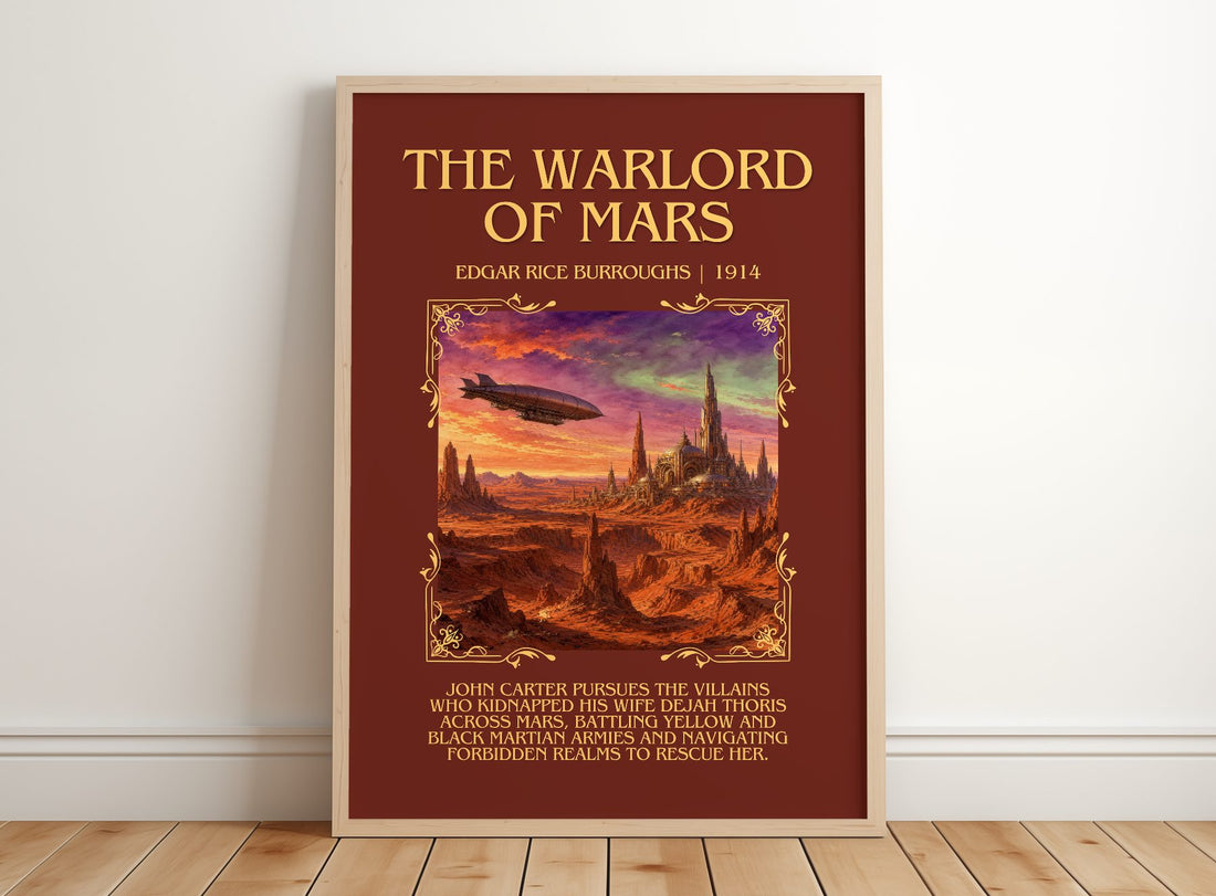 The Warlord Of Mars Minimalist Book Poster by Edgar Rice Burroughs – framed print leaning on a wooden floor