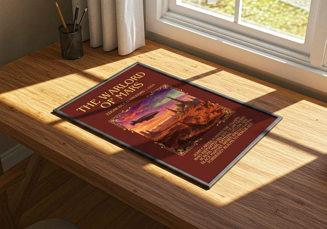 The Warlord Of Mars Minimalist Book Poster by Edgar Rice Burroughs – print on a sunlit desk