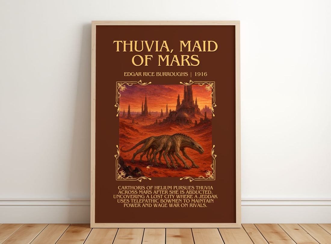 Thuvia, Maid Of Mars Minimalist Book Poster by Edgar Rice Burroughs – framed print leaning on a wooden floor